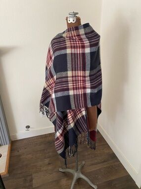 Plaid Fringe Poncho in Navy, Burgundy & Cream lightweight